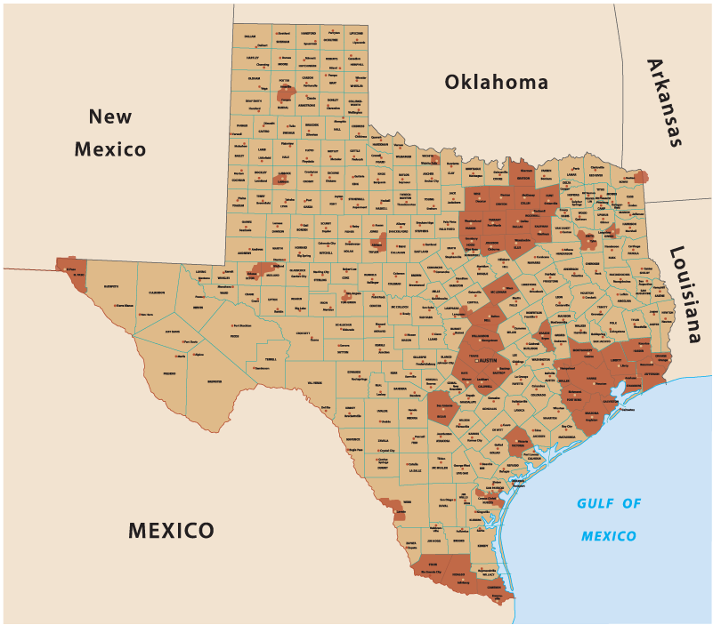 Map of Texas with MPOs highlighted.